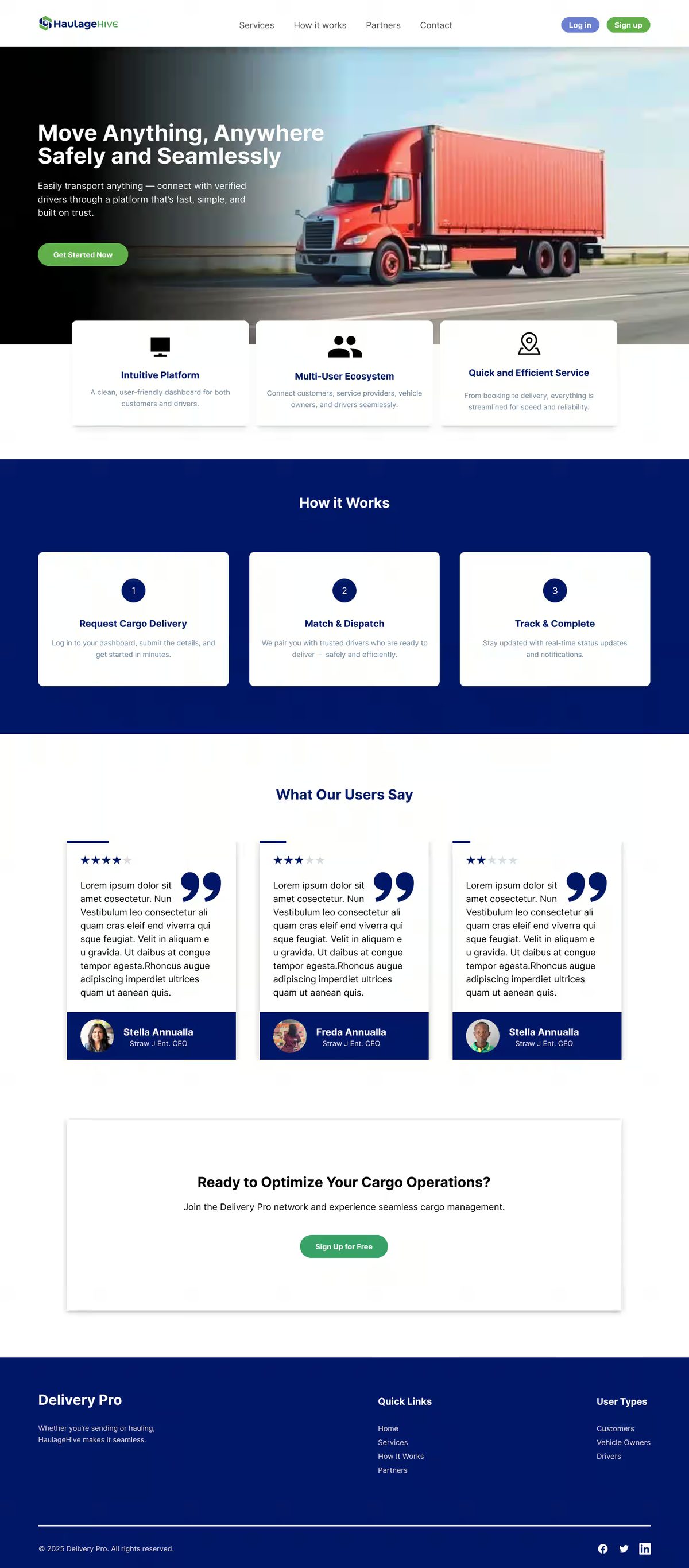 Logistics landing page design — full page