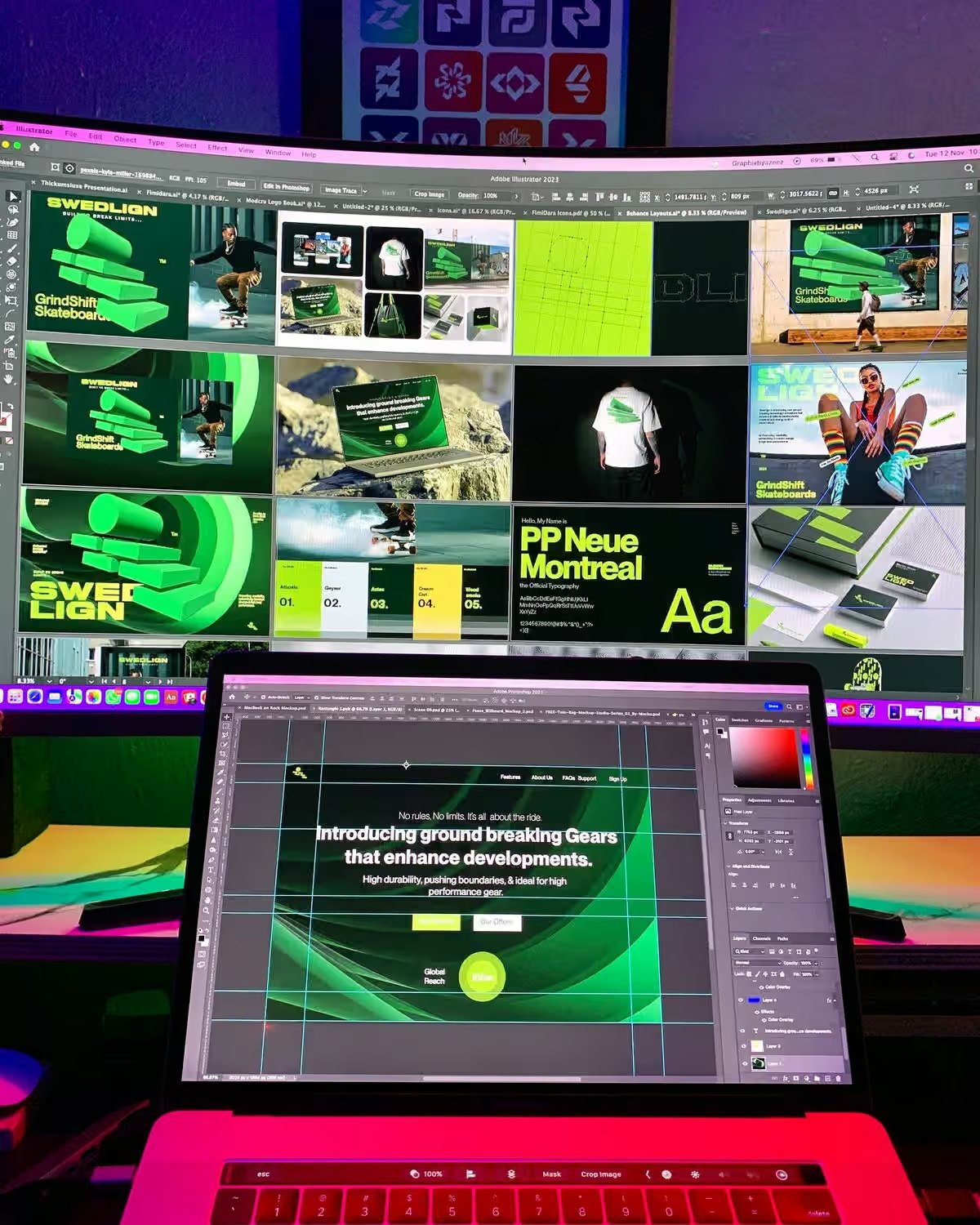 Graphic design workspace with brand and campaign layouts on screen — NxtCre8tives, Accra